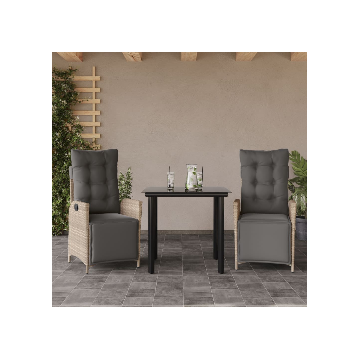 Ensemble à manger de jardin 3pcs coussins gris clair poly rotin