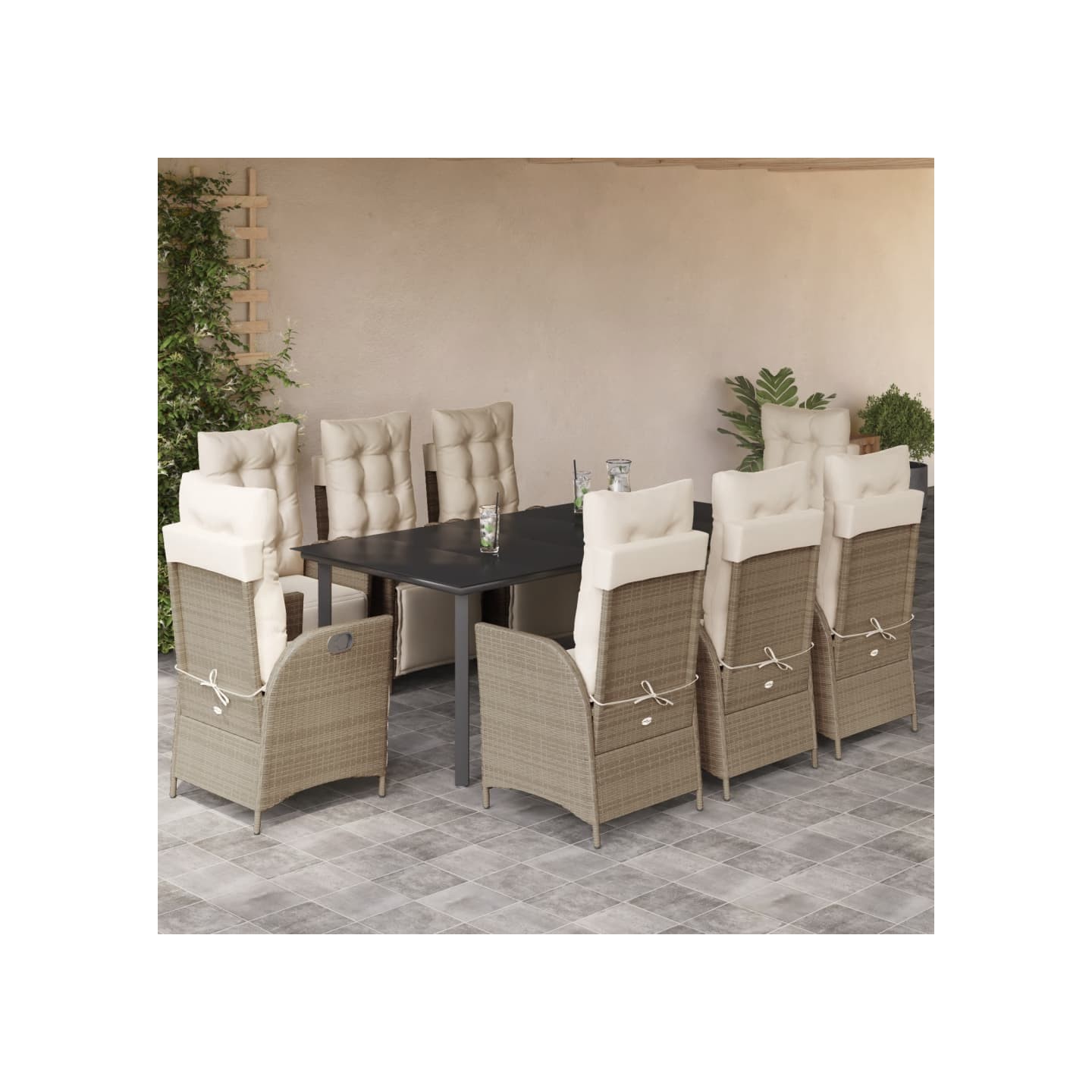 Ensemble à manger de jardin et coussins 9 pcs beige Poly rotin