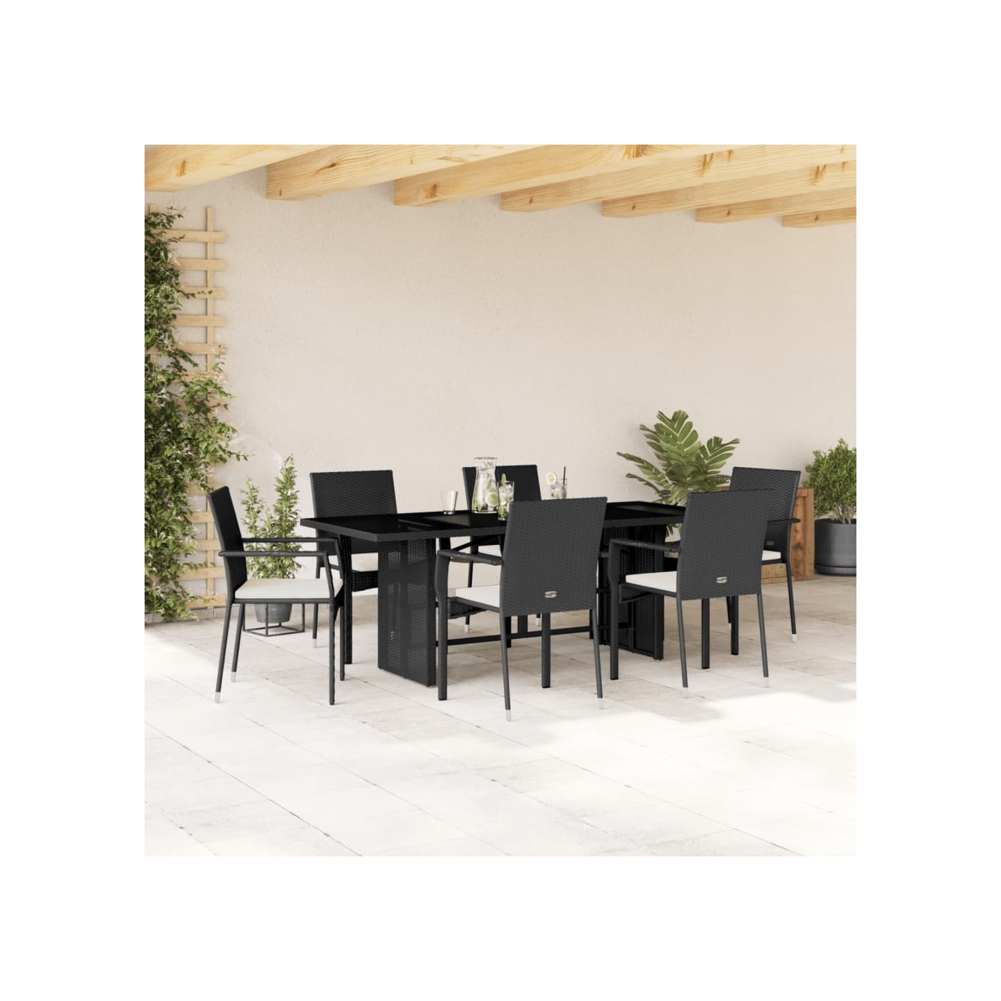 Ensemble à manger de jardin coussins 7pcs Noir Résine tressée