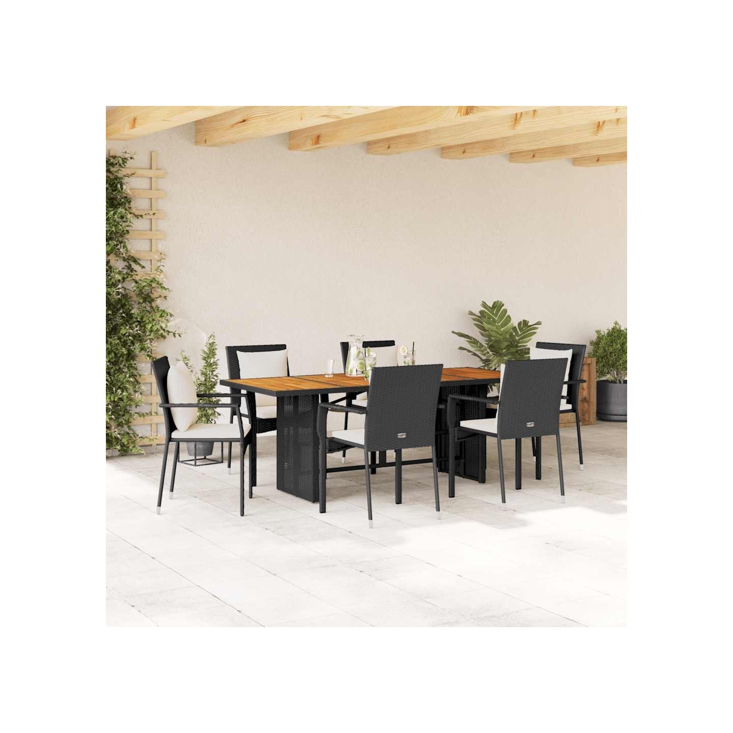 Ensemble à manger de jardin coussins 7pcs Noir Résine tressée