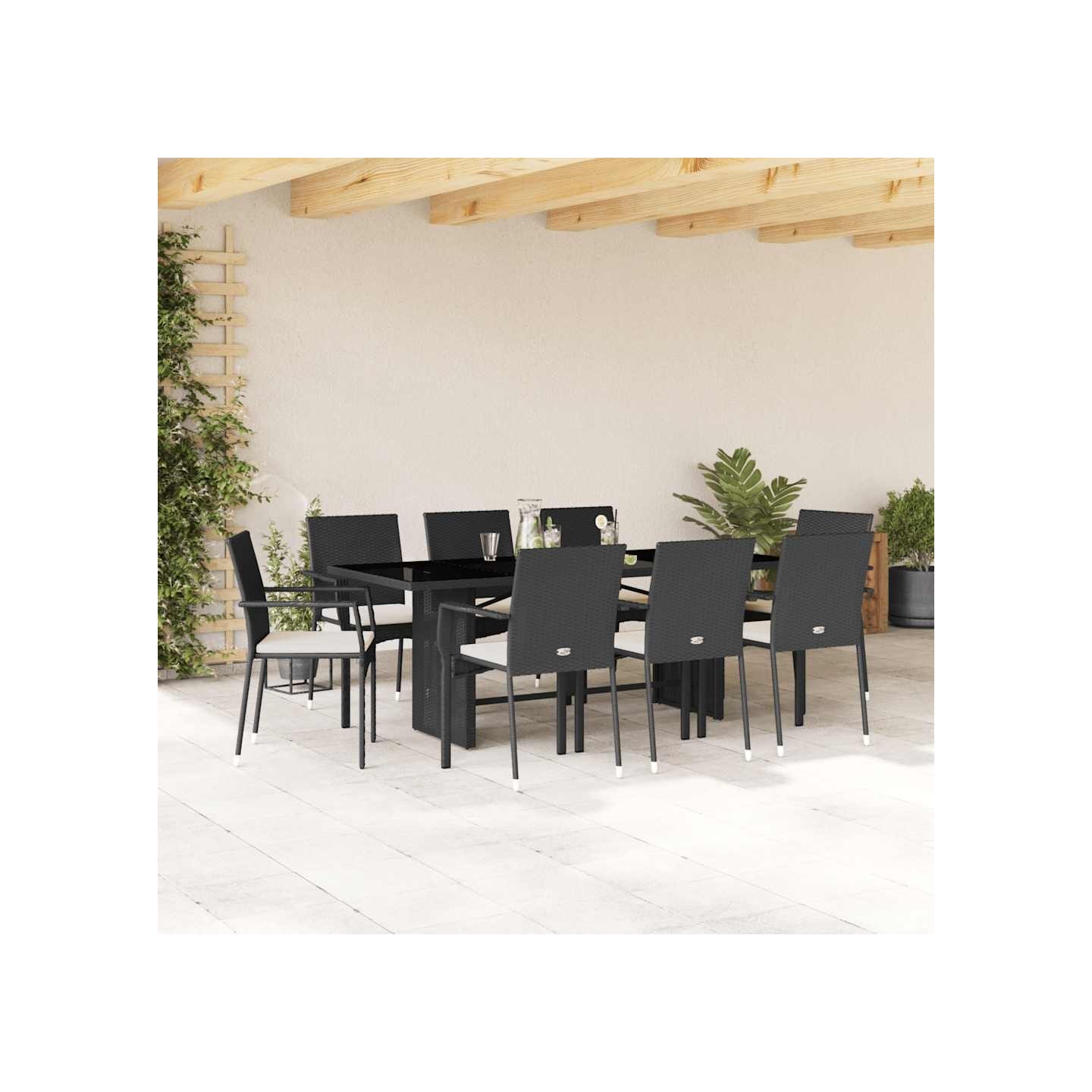 Ensemble à manger de jardin 9pcs coussins noir résine tressée