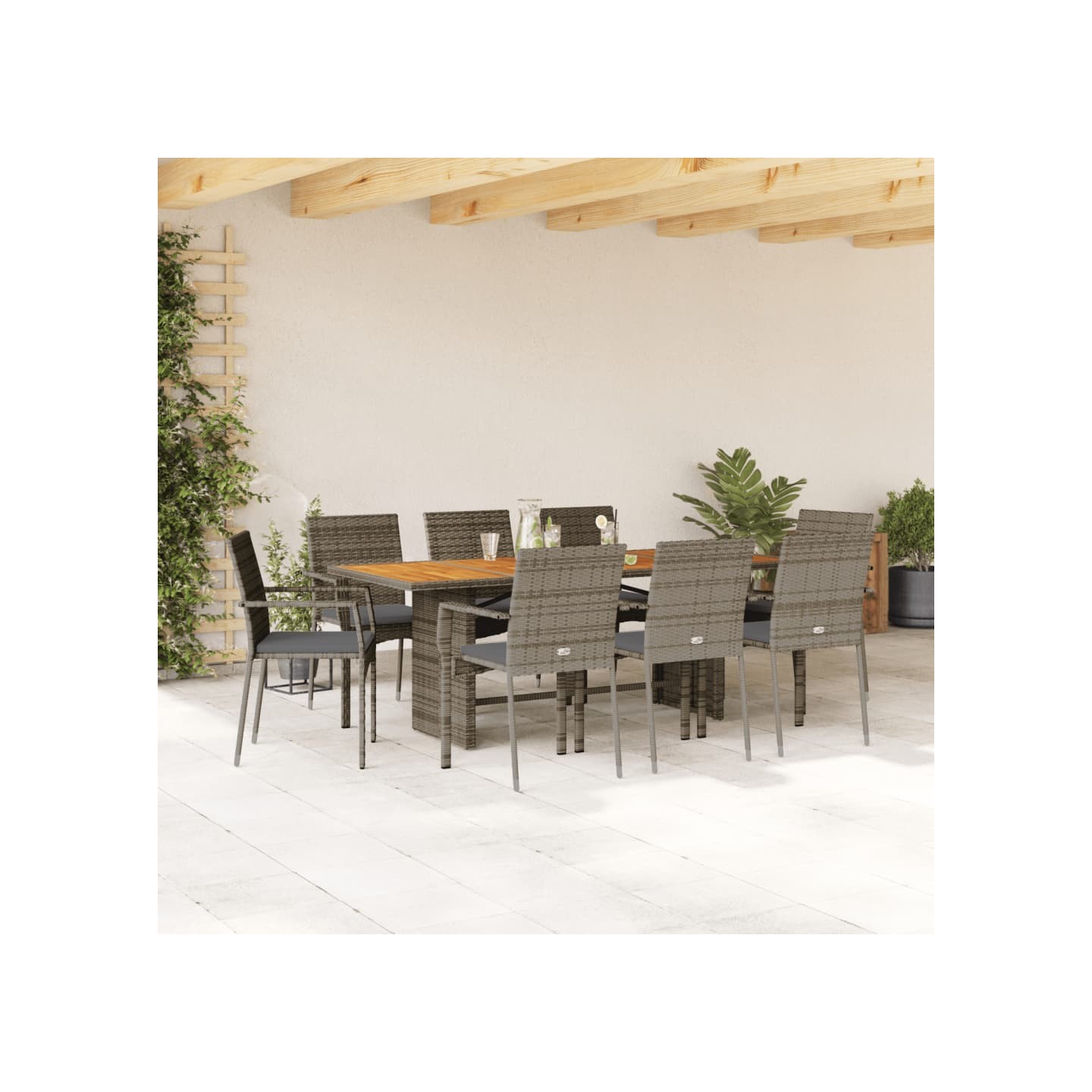 Ensemble à manger de jardin 9 pcs coussins gris résine tressée