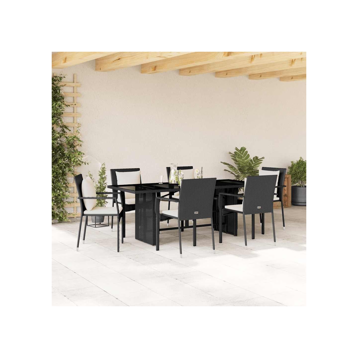 Ensemble à manger de jardin coussins 7pcs Noir Résine tressée