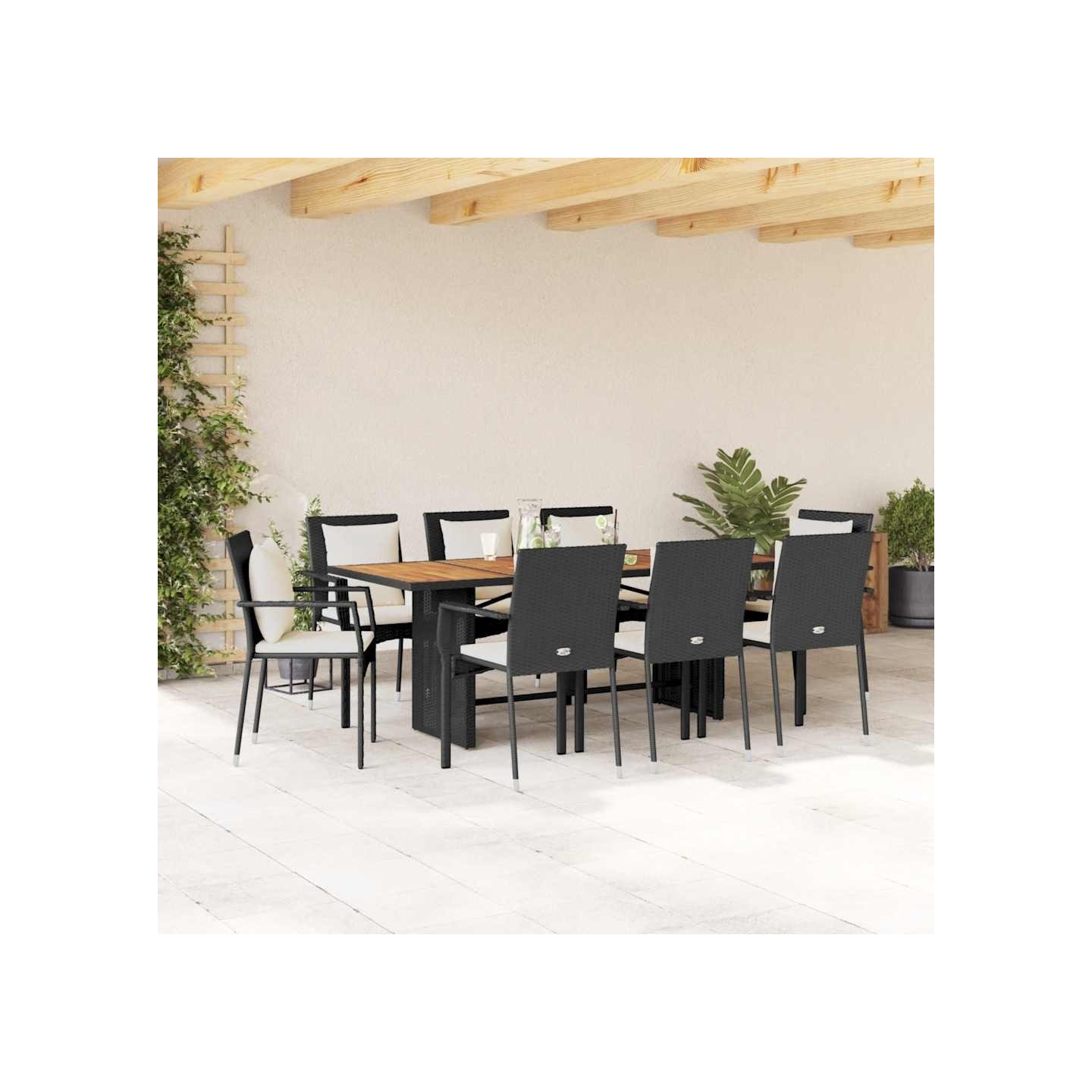 Ensemble à manger de jardin 9pcs coussins noir résine tressée
