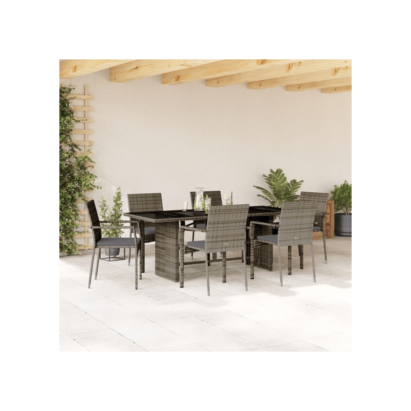 Ensemble à manger de jardin et coussins 7 pcs gris rotin