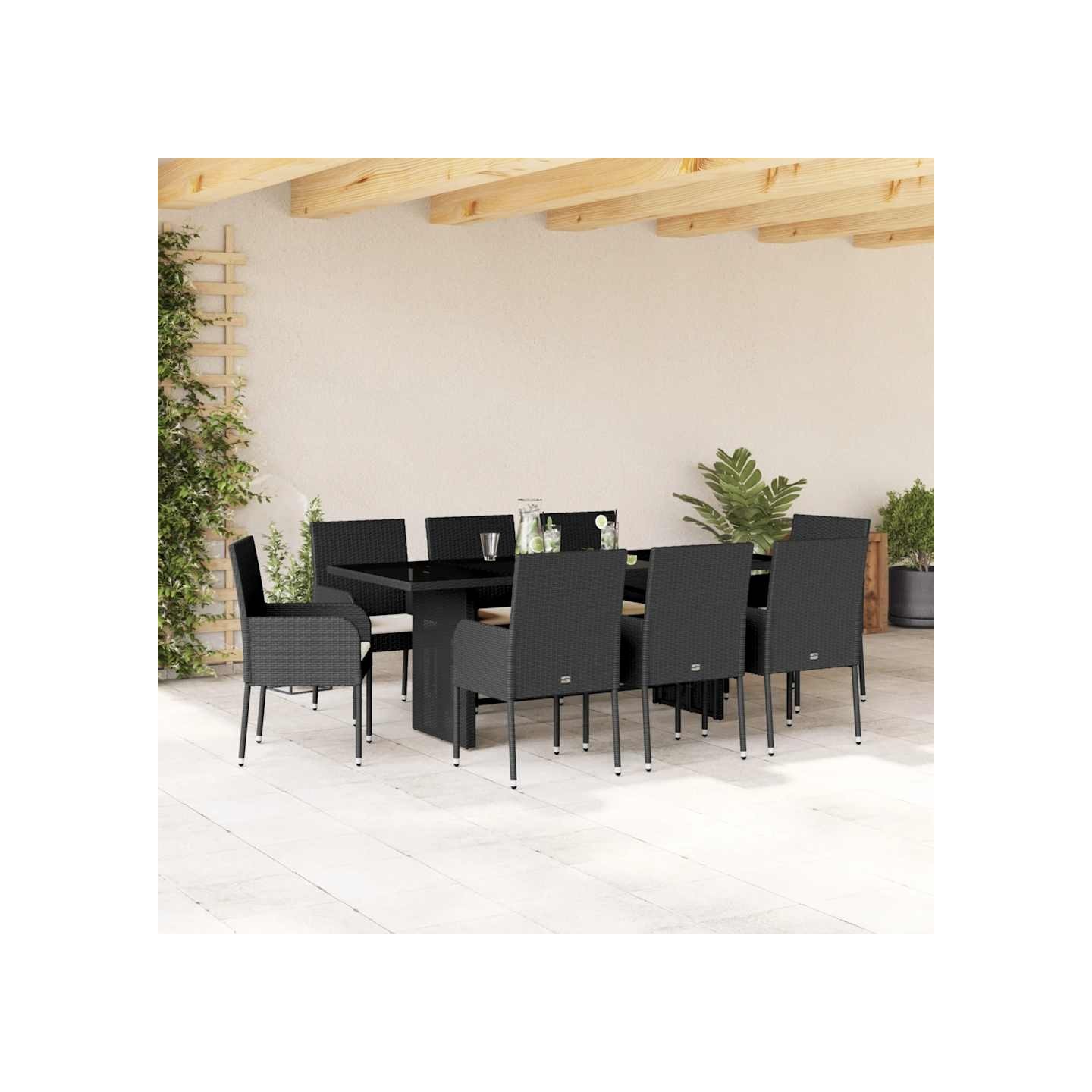 Ensemble à manger de jardin 9pcs coussins noir résine tressée