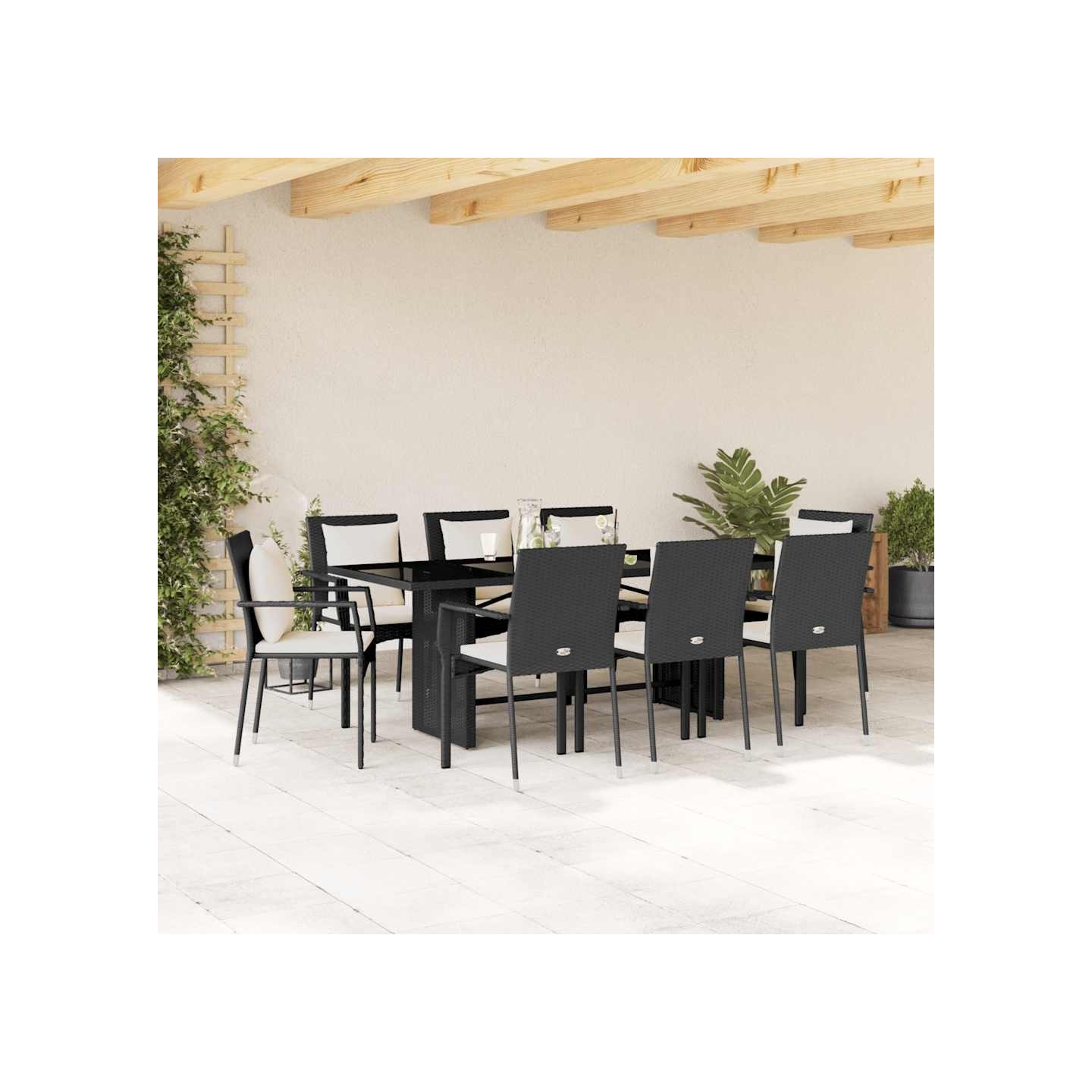 Ensemble à manger de jardin 9pcs coussins noir résine tressée