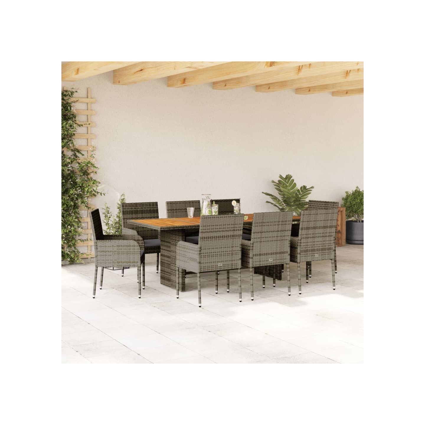 Ensemble à manger de jardin 9 pcs coussins gris résine tressée