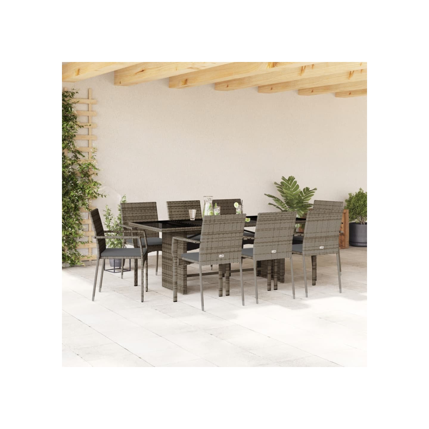 Ensemble à manger de jardin 9 pcs coussins gris résine tressée