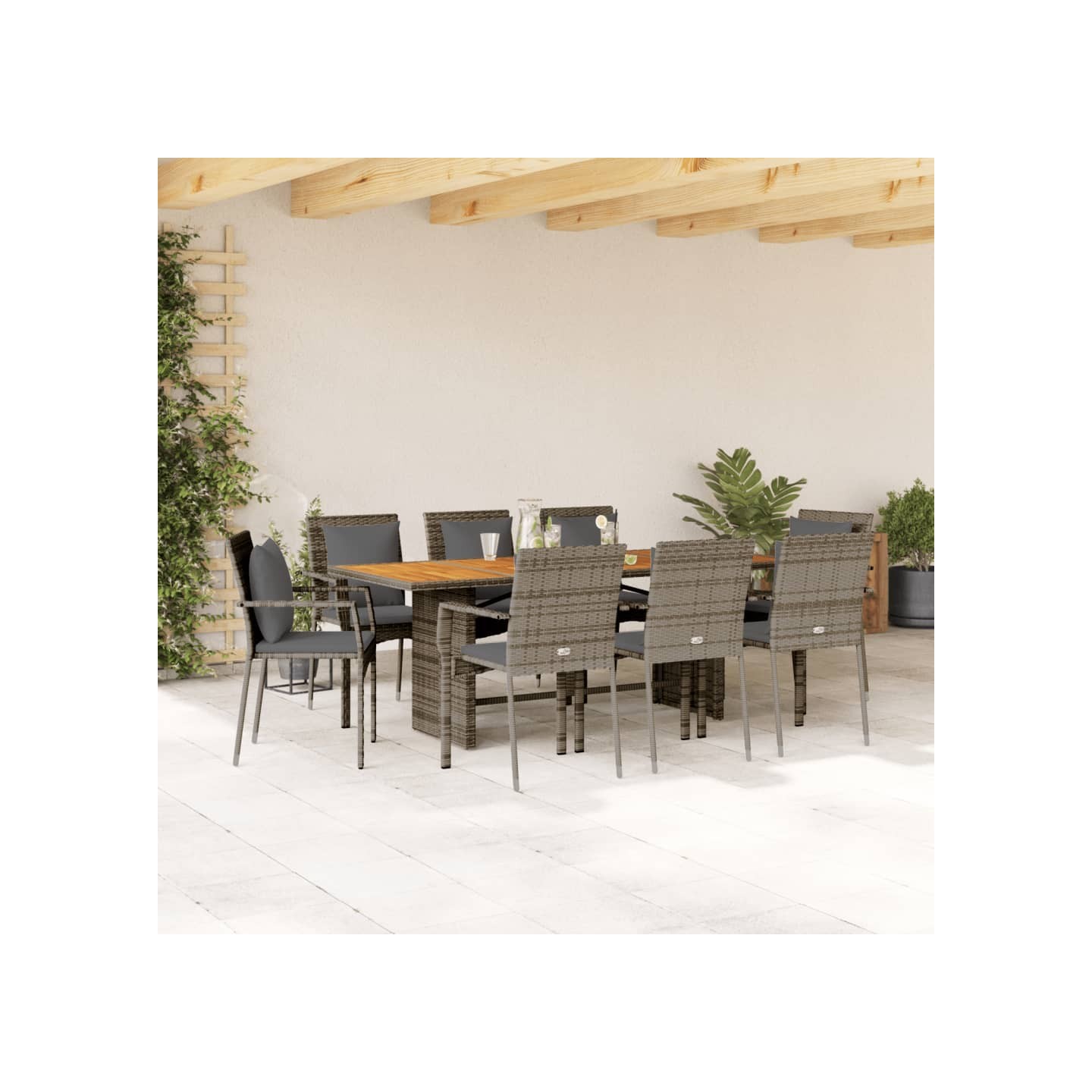 Ensemble à manger de jardin 9 pcs coussins gris résine tressée