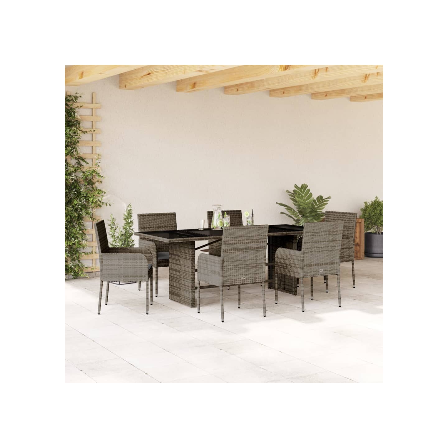 Ensemble à manger de jardin et coussins 7 pcs gris rotin