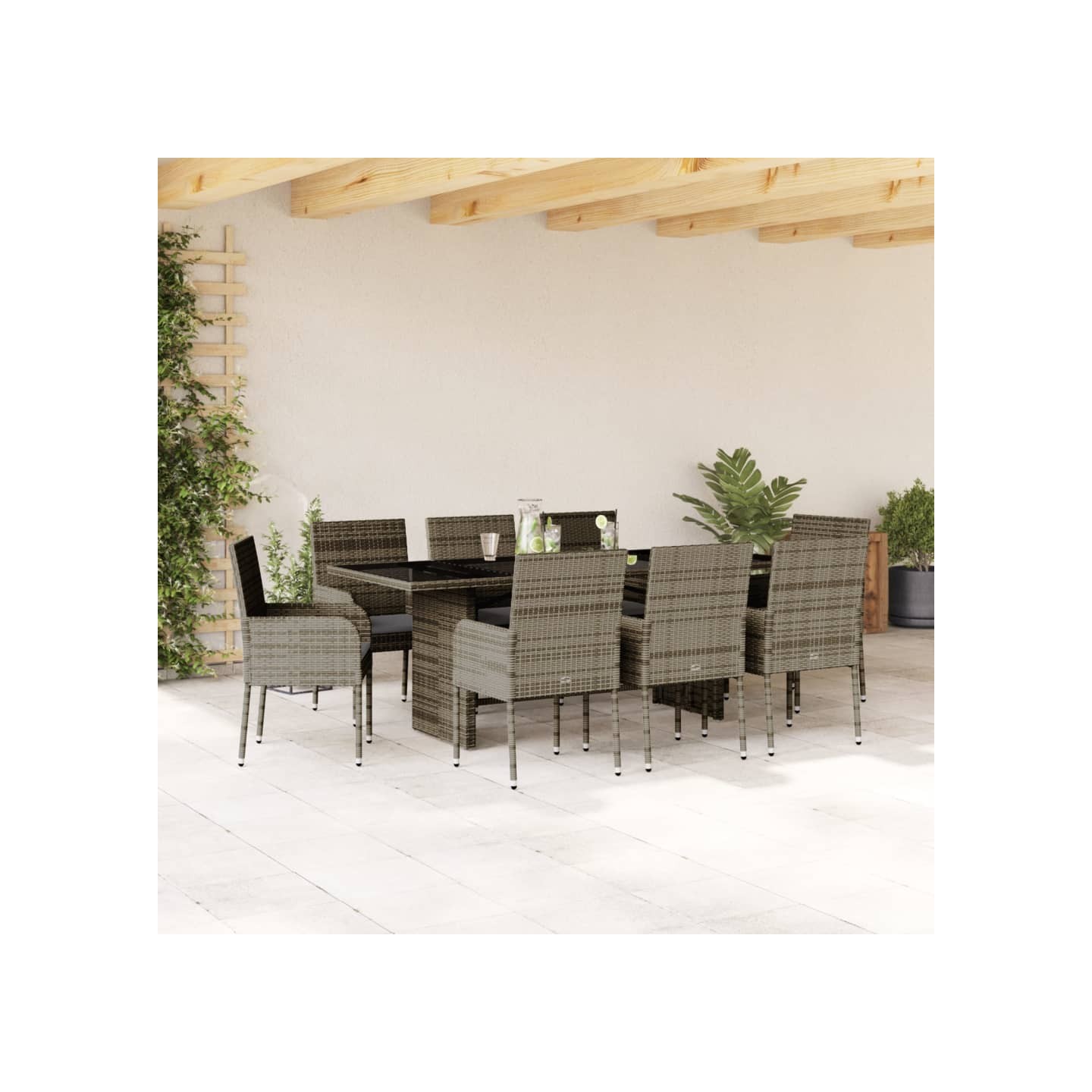 Ensemble à manger de jardin 9 pcs coussins gris résine tressée
