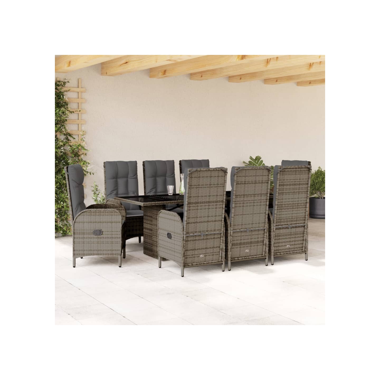 Ensemble à manger de jardin 9 pcs coussins gris résine tressée
