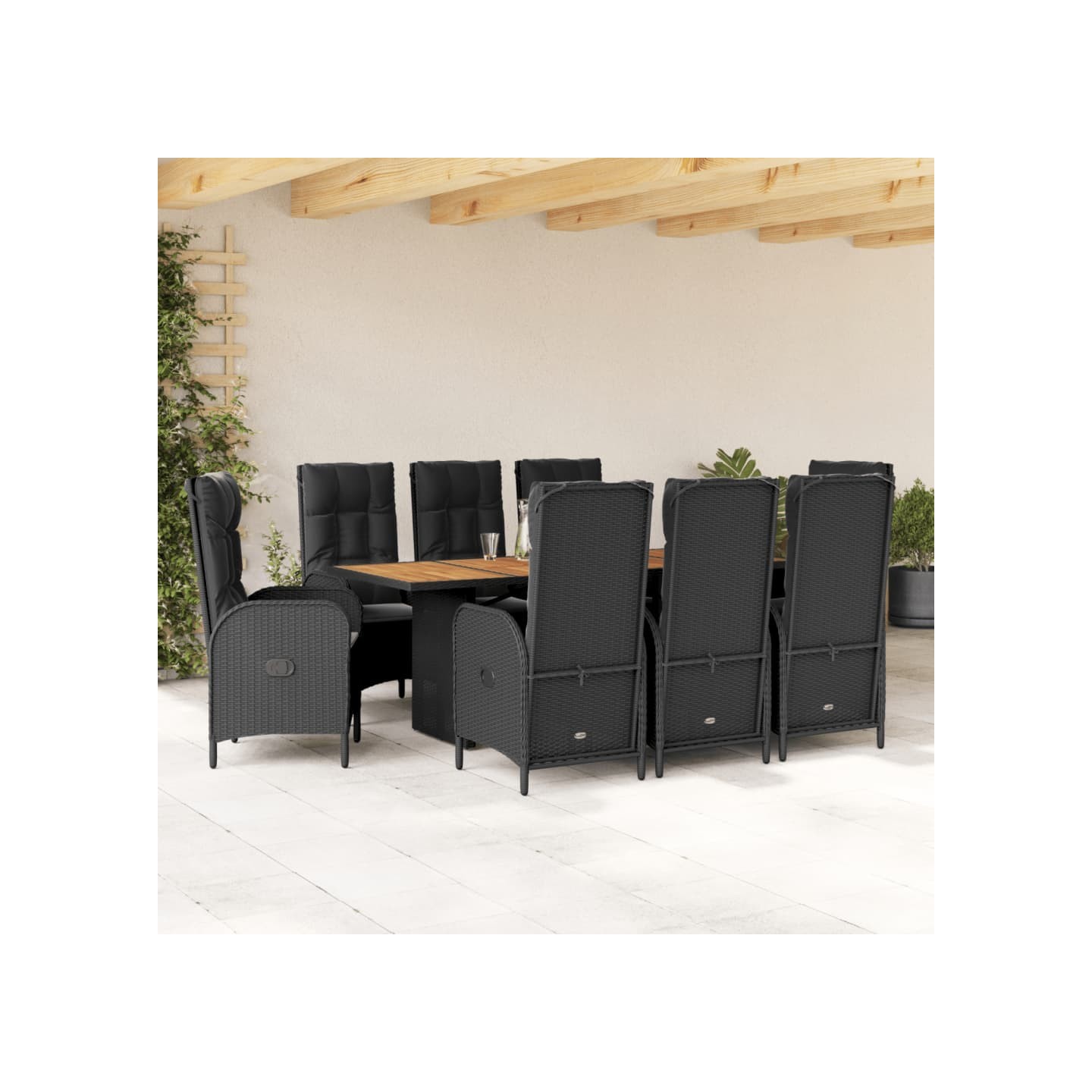 Ensemble à manger de jardin 9pcs coussins noir résine tressée