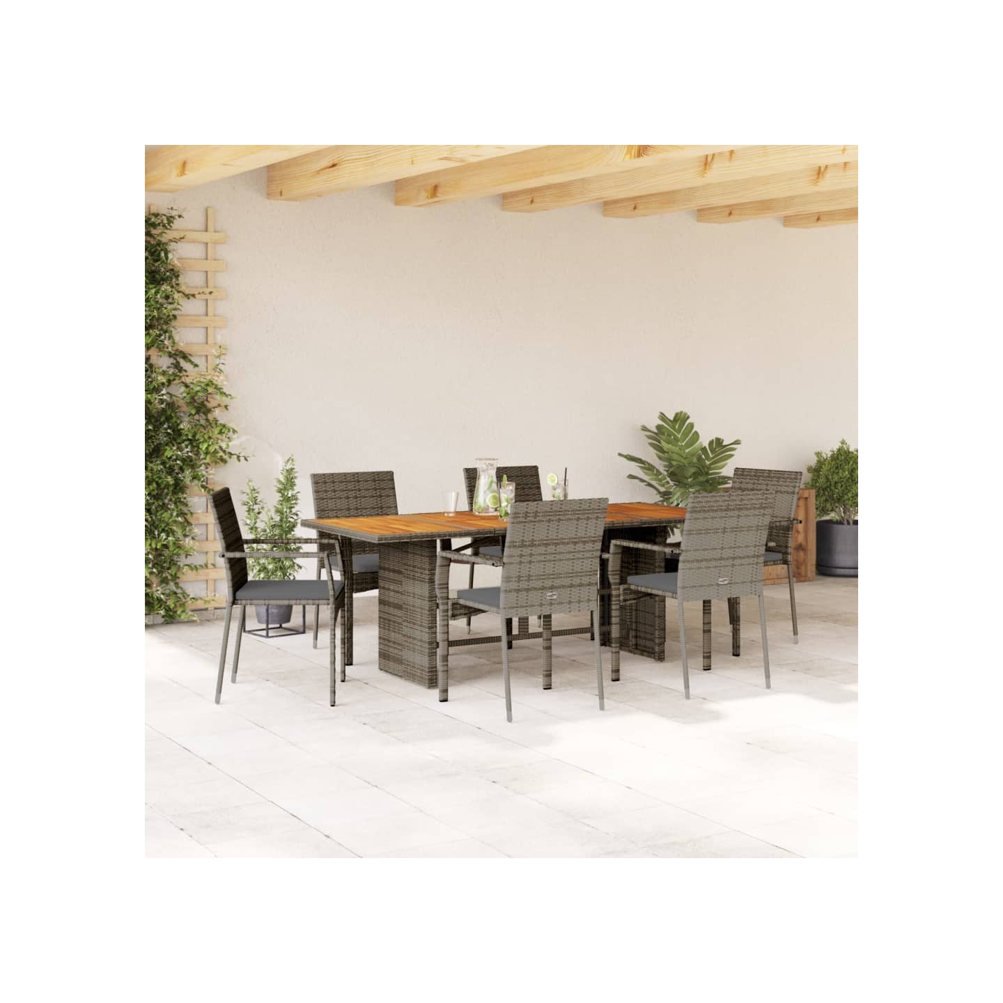 Ensemble à manger de jardin et coussins 7 pcs gris rotin