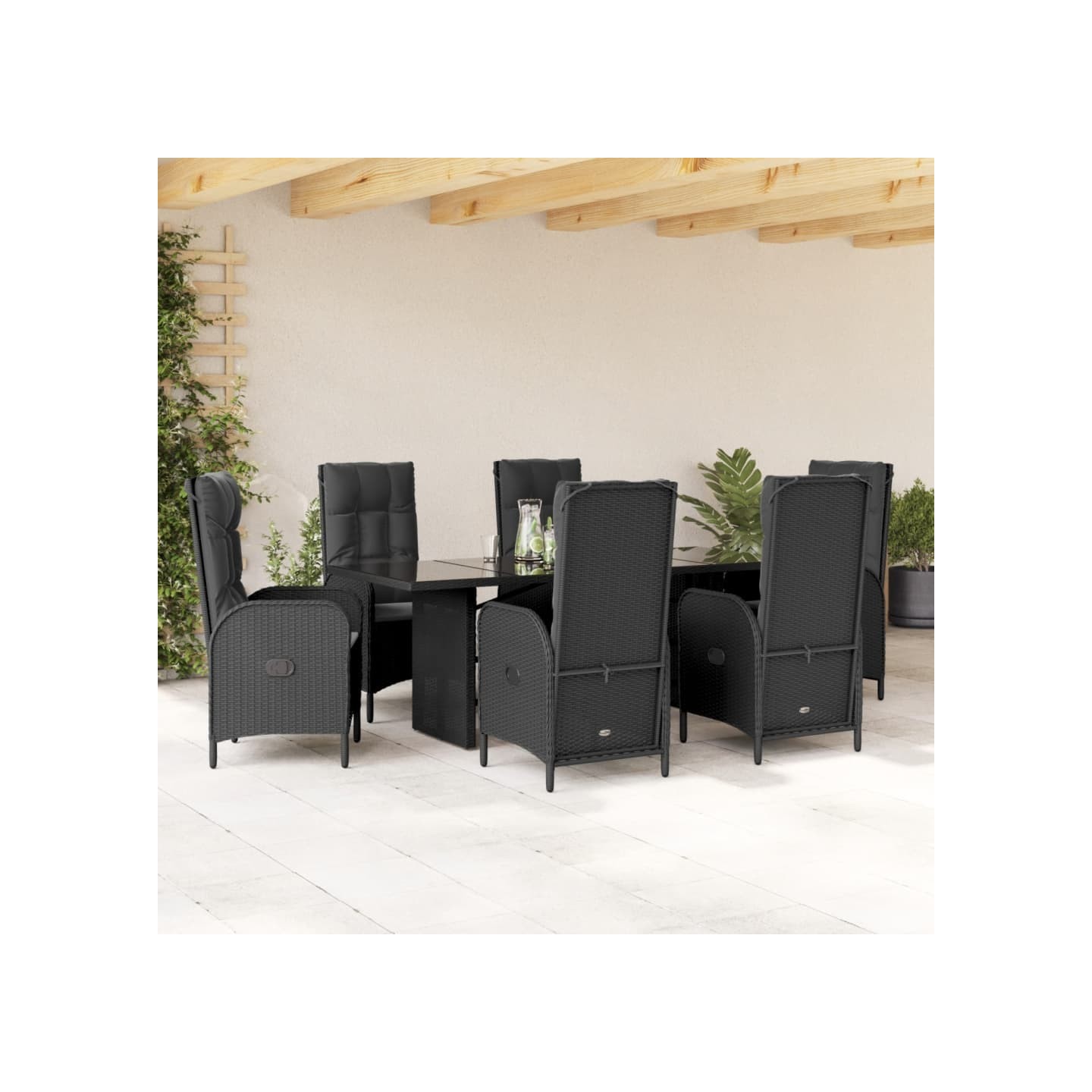 Ensemble à manger de jardin coussins 7pcs Noir Résine tressée