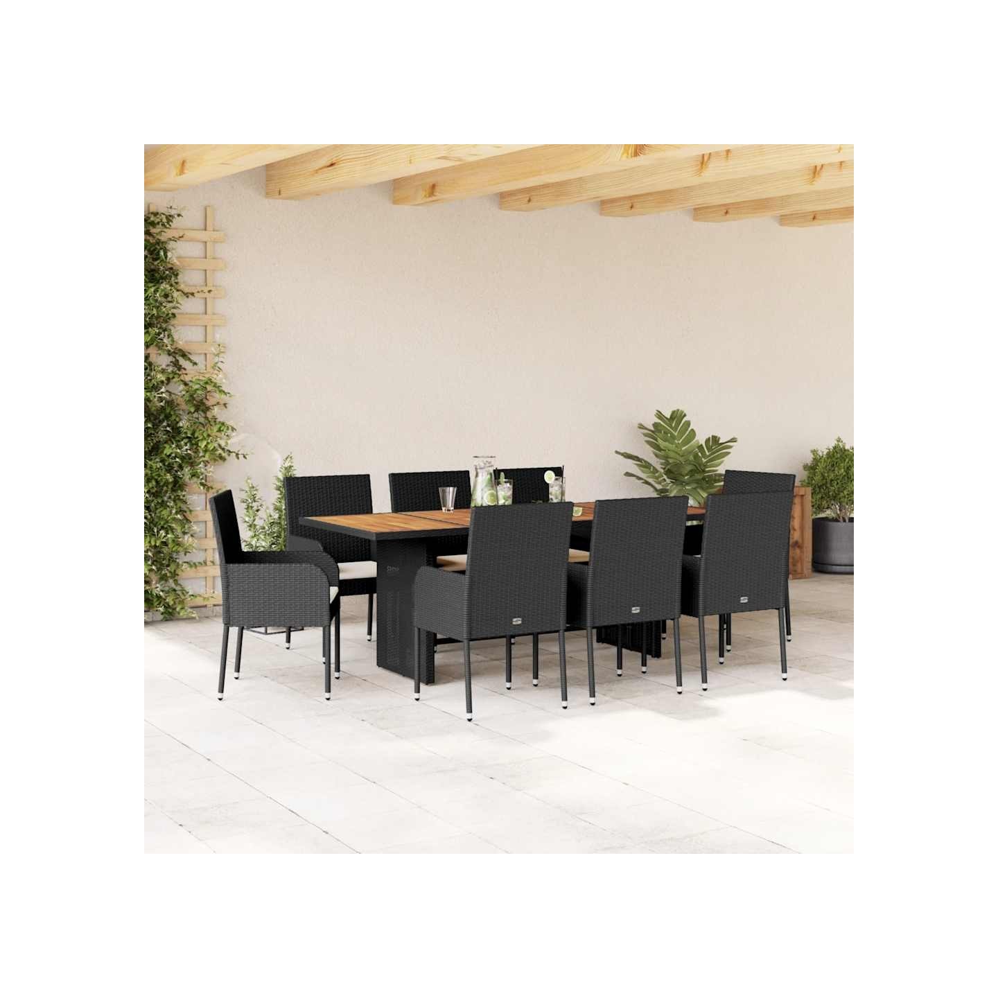 Ensemble à manger de jardin 9pcs coussins noir résine tressée