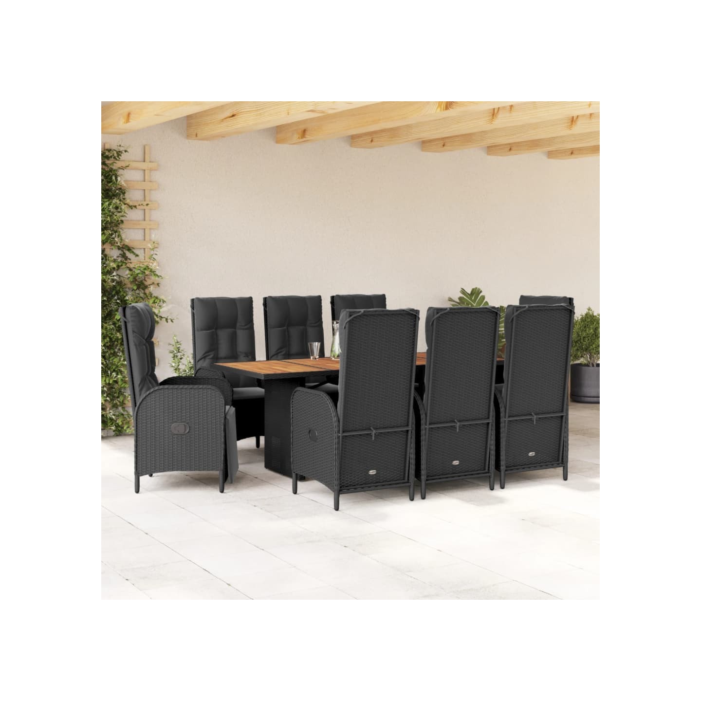 Ensemble à manger de jardin 9pcs coussins noir résine tressée