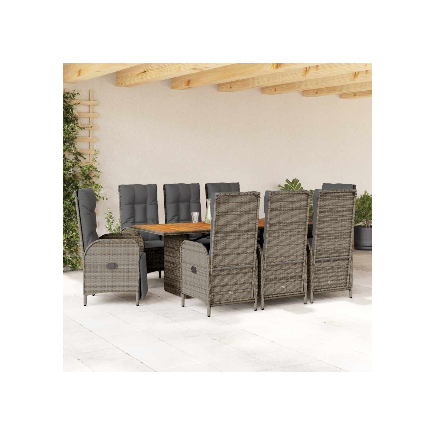 Ensemble à manger de jardin 9 pcs coussins gris résine tressée
