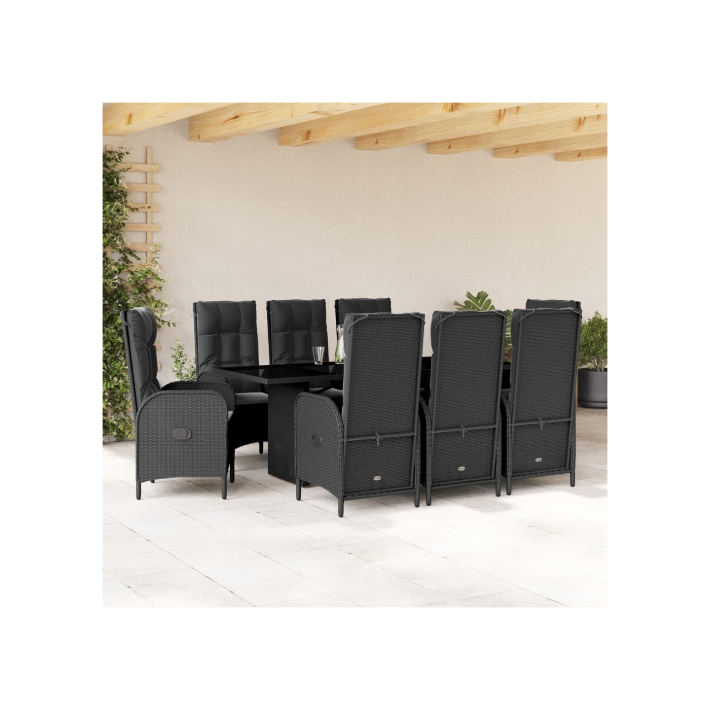 Ensemble à manger de jardin 9pcs coussins noir résine tressée