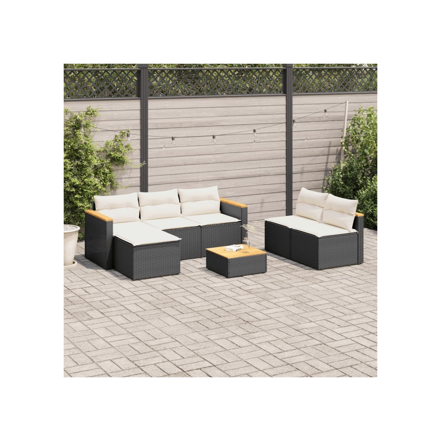 Salon de jardin 5 pcs avec coussins noir résine tressée acacia