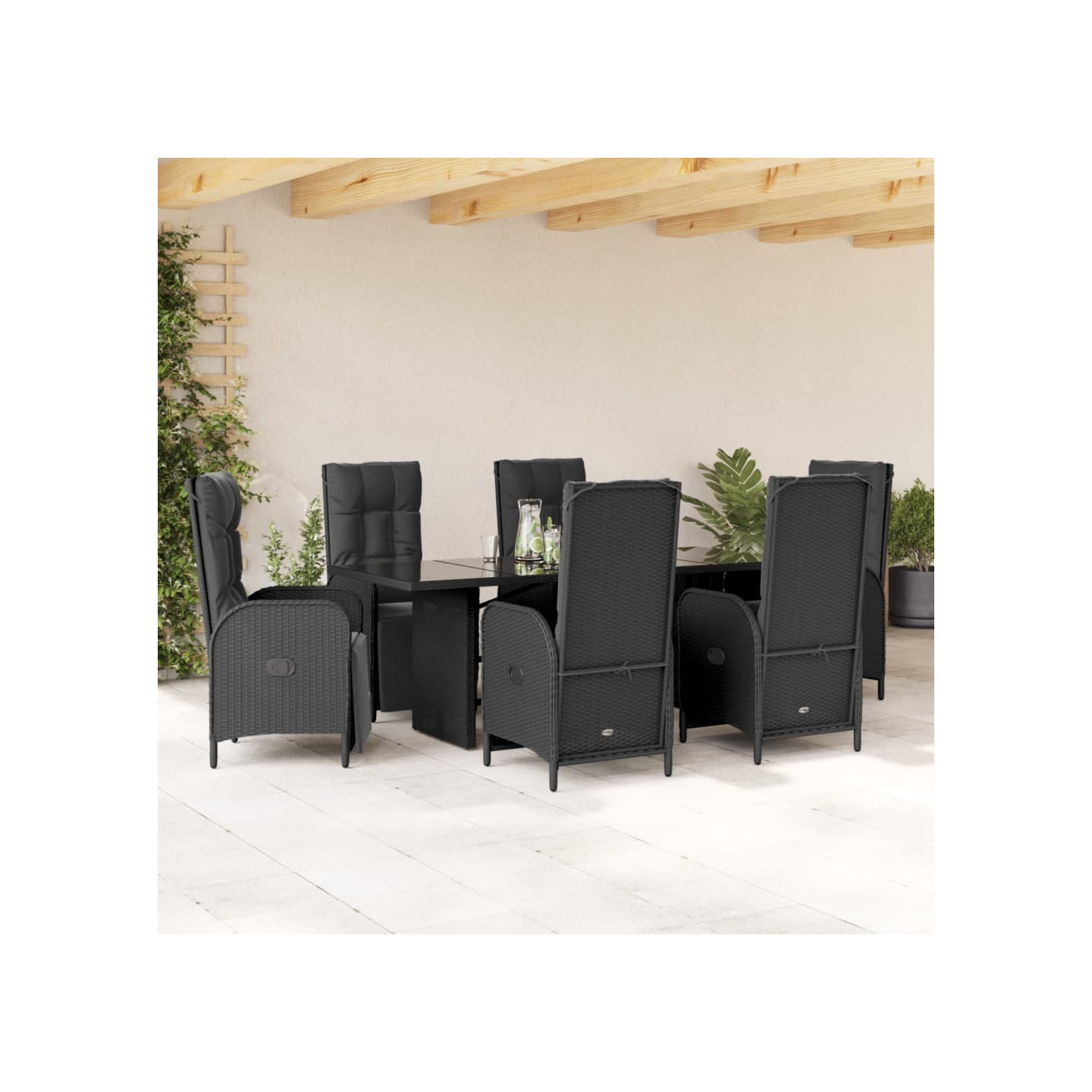 Ensemble à manger de jardin coussins 7pcs Noir Résine tressée