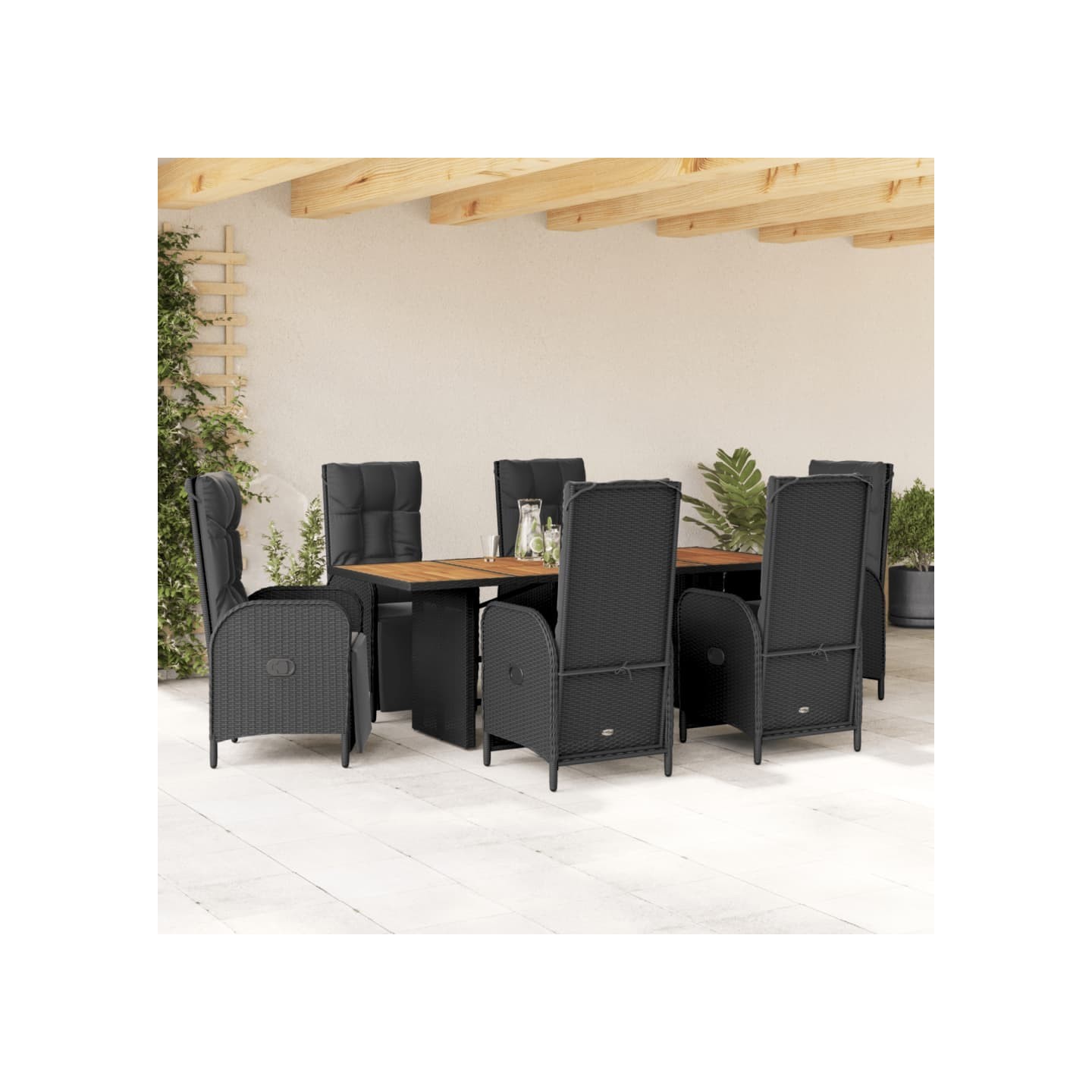 Ensemble à manger de jardin coussins 7pcs Noir Résine tressée