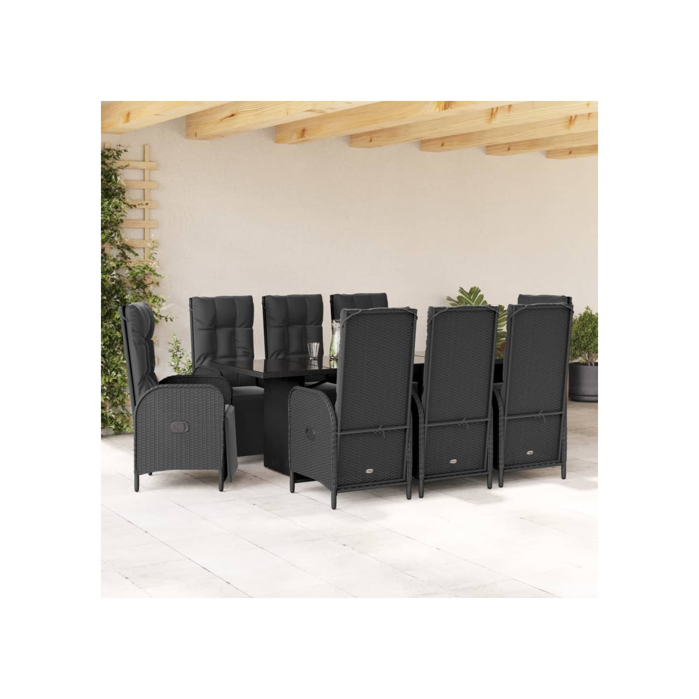 Ensemble à manger de jardin 9pcs coussins noir résine tressée