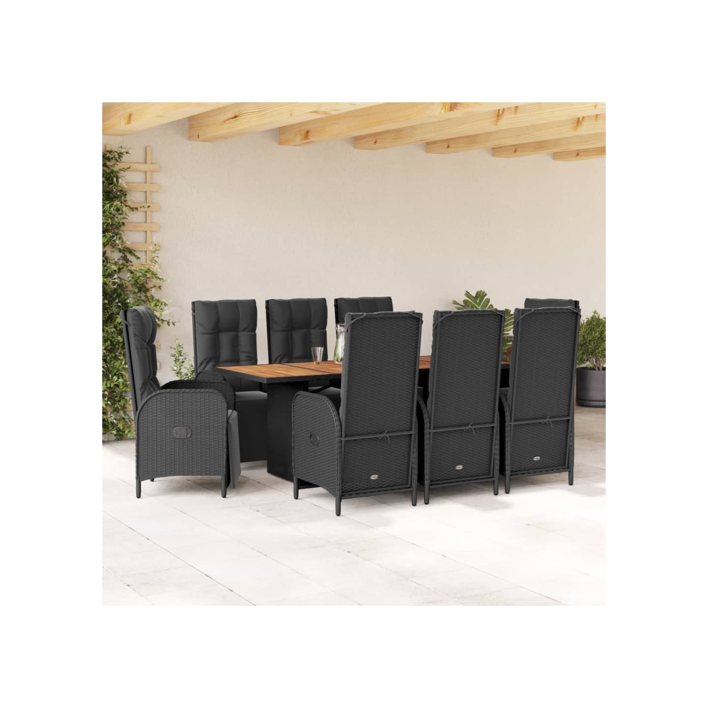 Ensemble à manger de jardin 9pcs coussins noir résine tressée