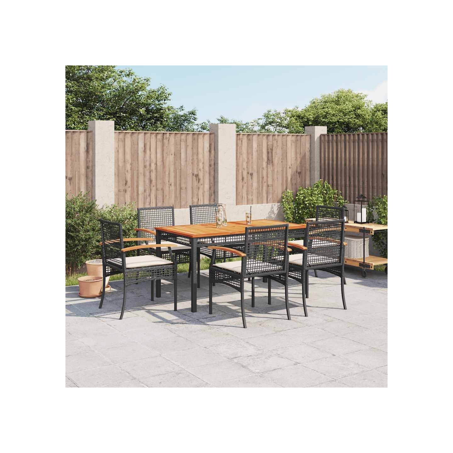 Ensemble à manger de jardin coussins 7pcs Noir Résine tressée