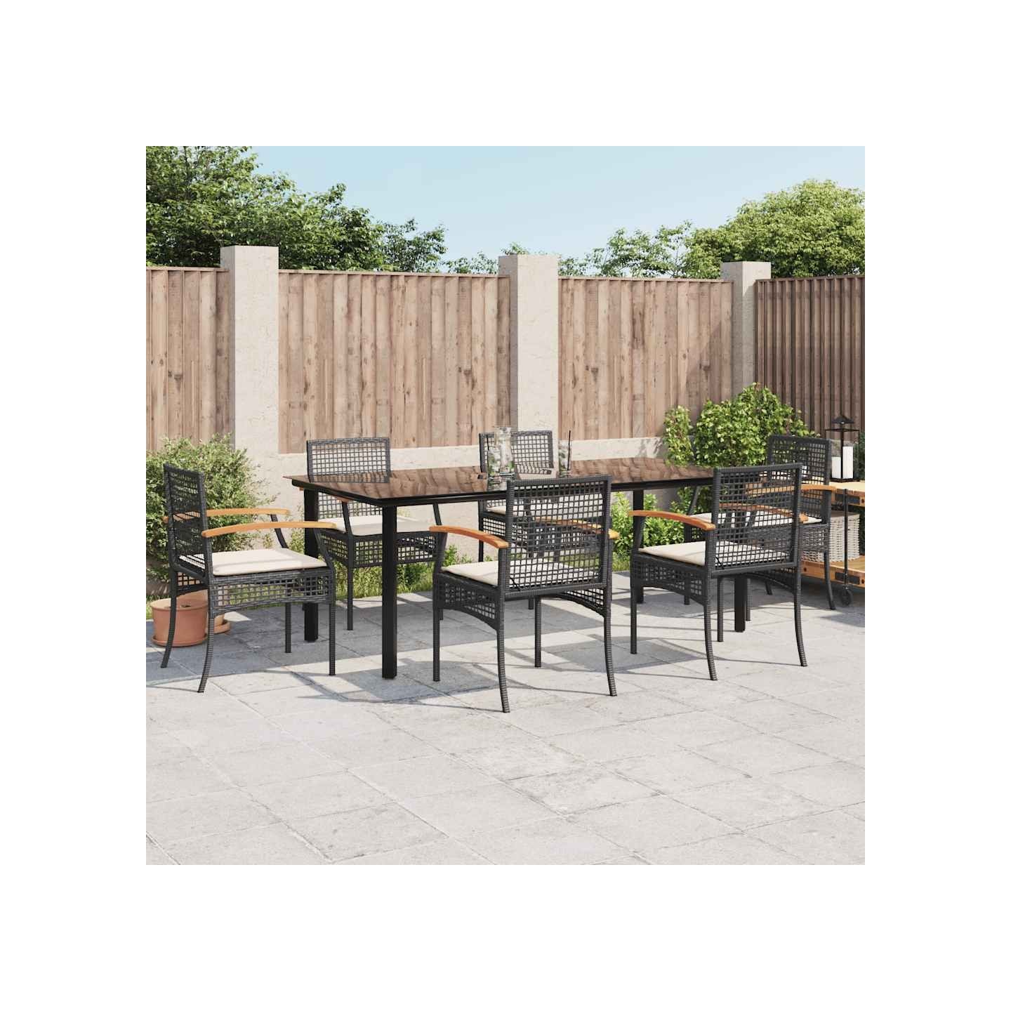 Ensemble à manger de jardin coussins 7pcs Noir Résine tressée