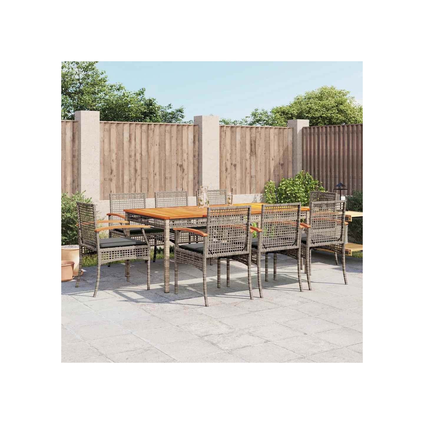 Ensemble à manger de jardin 9 pcs coussins gris résine tressée