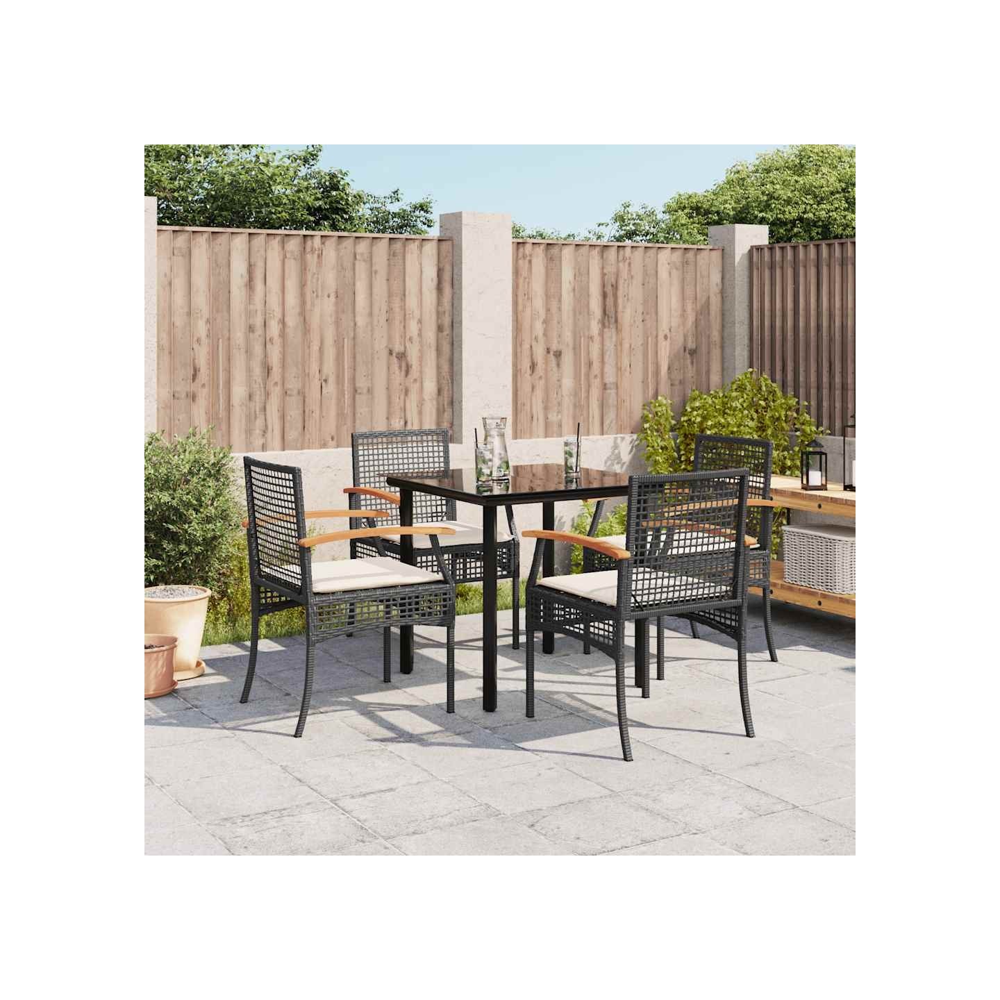 Ensemble à manger de jardin coussins 5pcs Noir Résine tressée