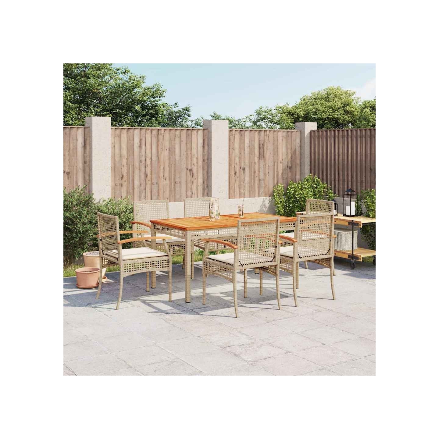 Ensemble à manger de jardin et coussins 7 pcs beige poly rotin