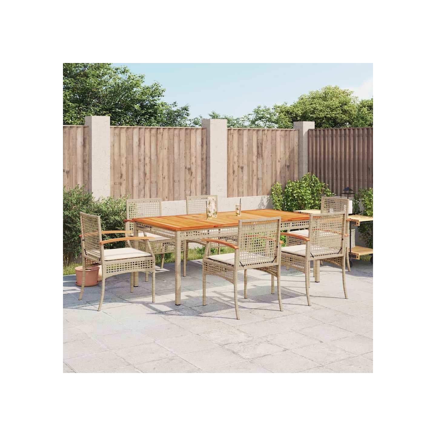 Ensemble à manger de jardin et coussins 7 pcs beige poly rotin