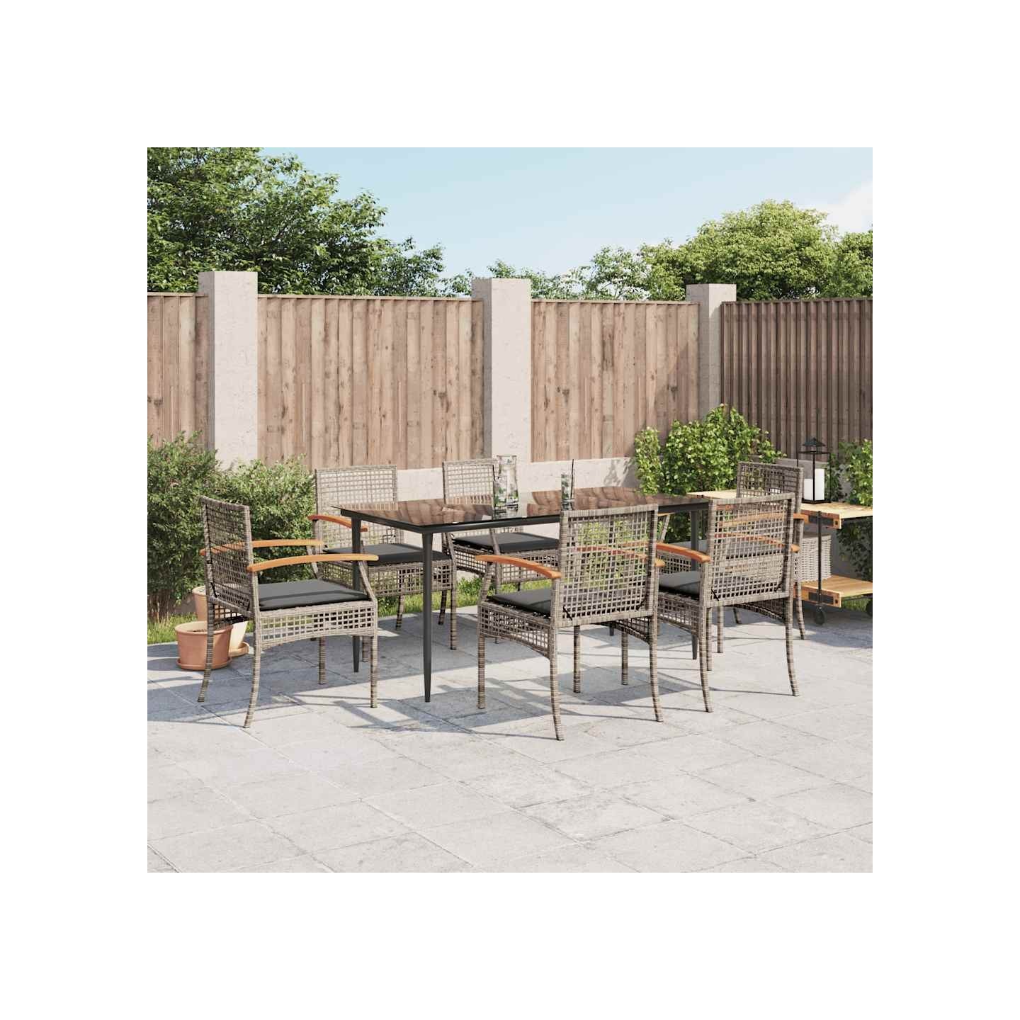 Ensemble à manger de jardin et coussins 7 pcs gris rotin
