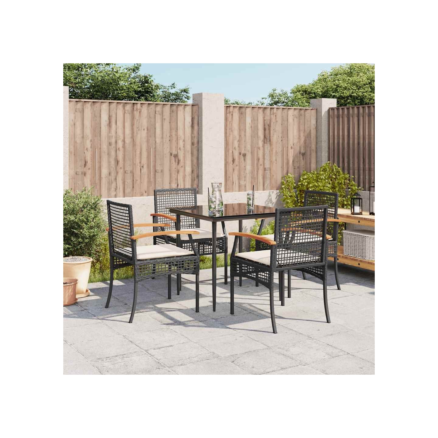 Ensemble à manger de jardin coussins 5pcs Noir Résine tressée