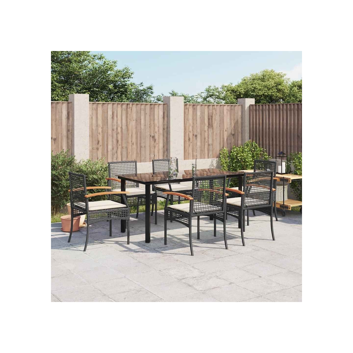 Ensemble à manger de jardin coussins 7pcs Noir Résine tressée