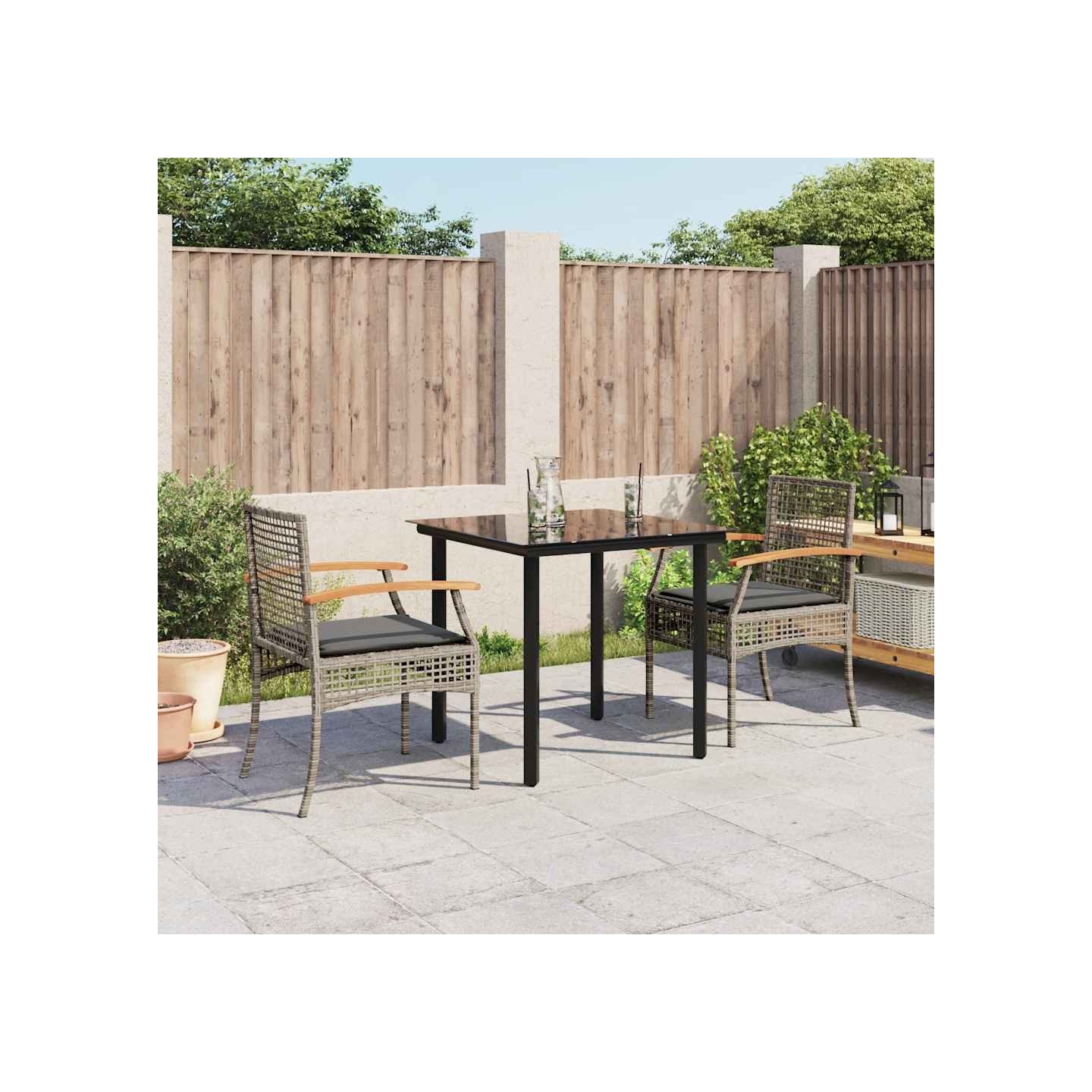 Ensemble à manger de jardin 3 pcs coussins gris résine tressée