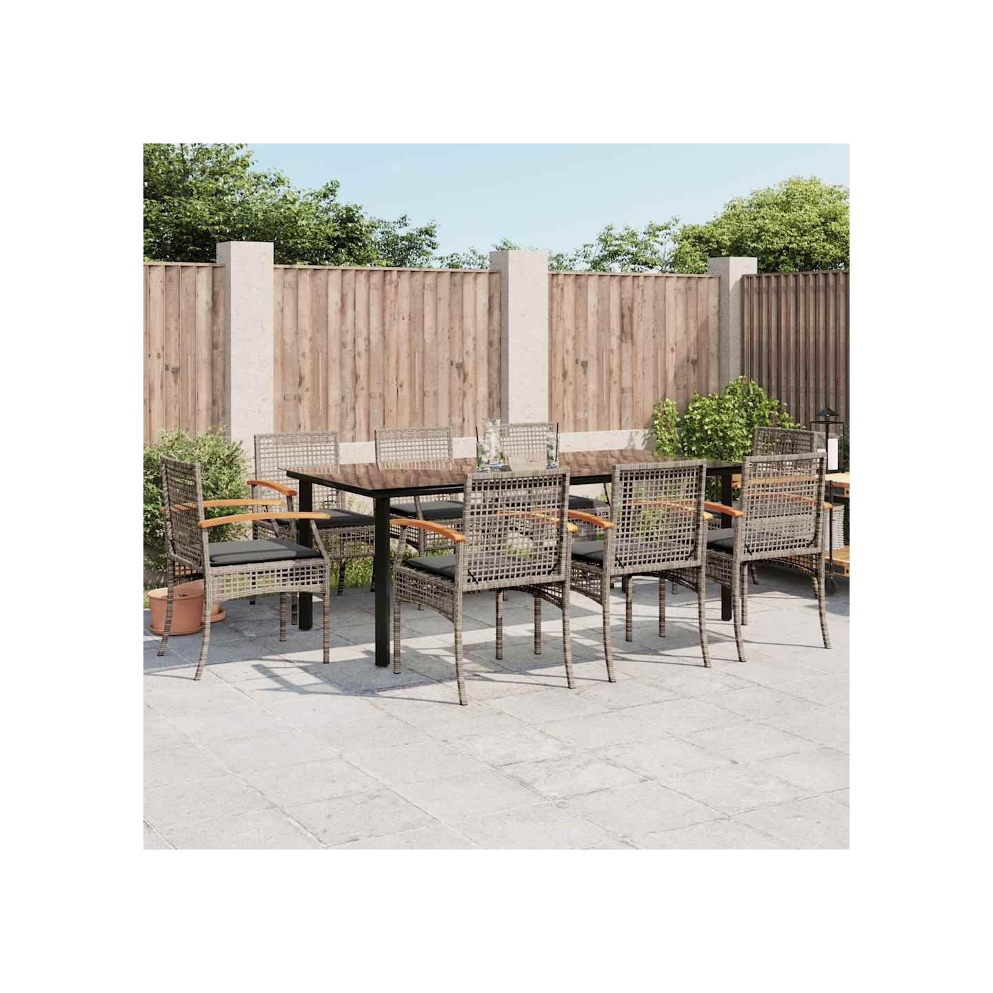 Ensemble à manger de jardin 9 pcs coussins gris résine tressée