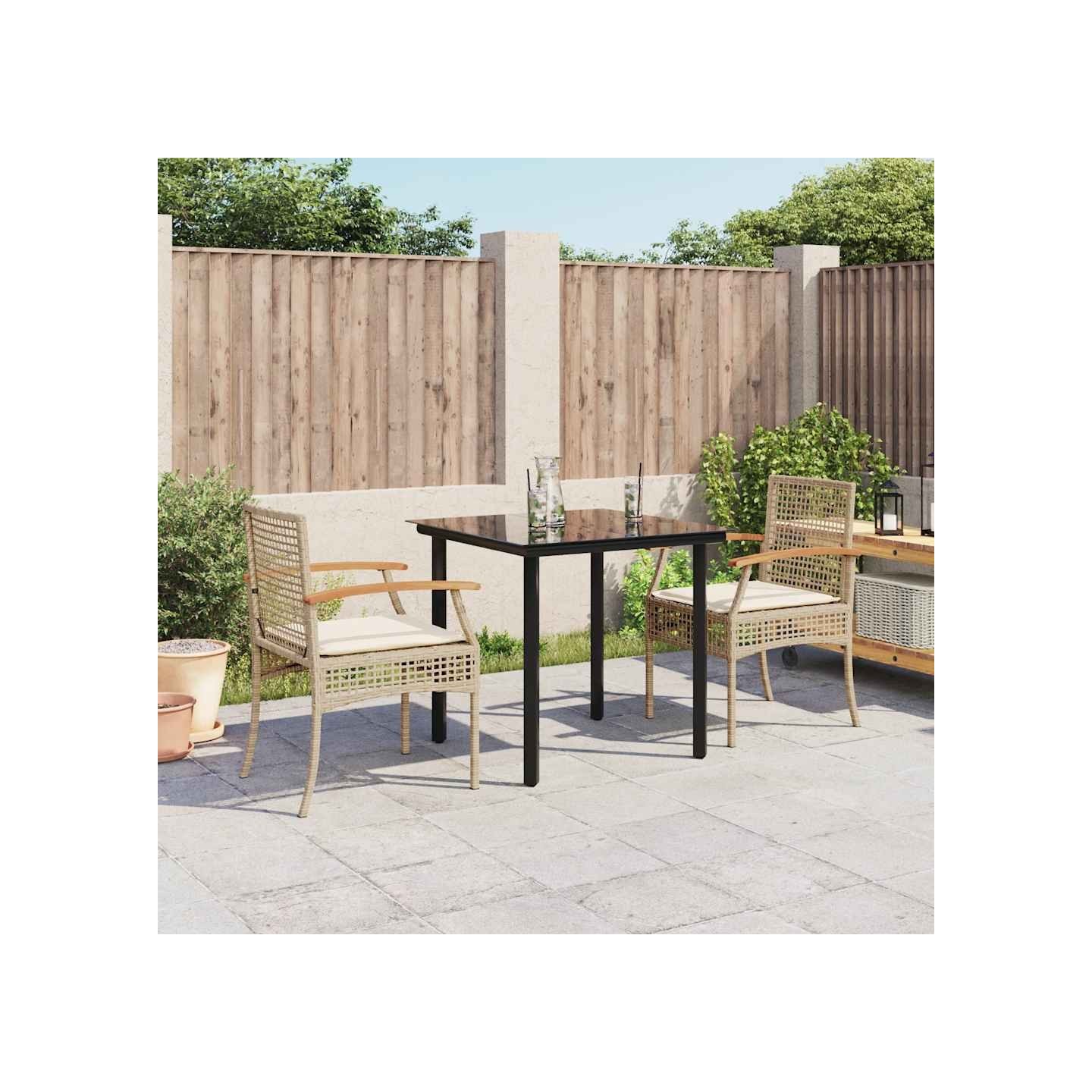 Ensemble à manger de jardin et coussins 3 pcs Beige poly rotin