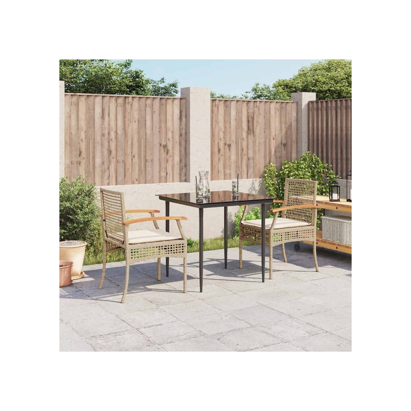 Ensemble à manger de jardin et coussins 3 pcs Beige poly rotin