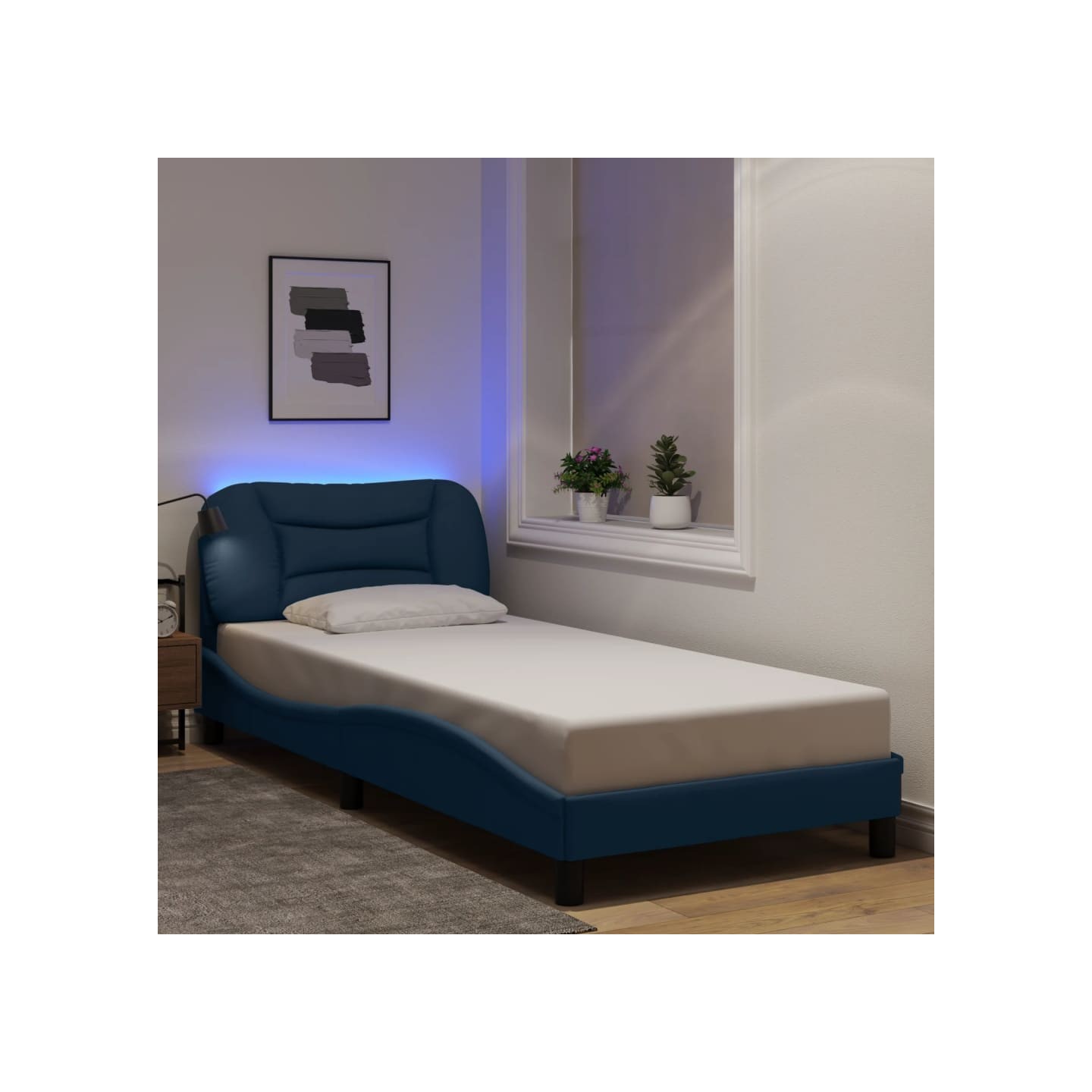 Cadre de lit avec LED sans matelas Hvar bleu 90x190 cm tissu