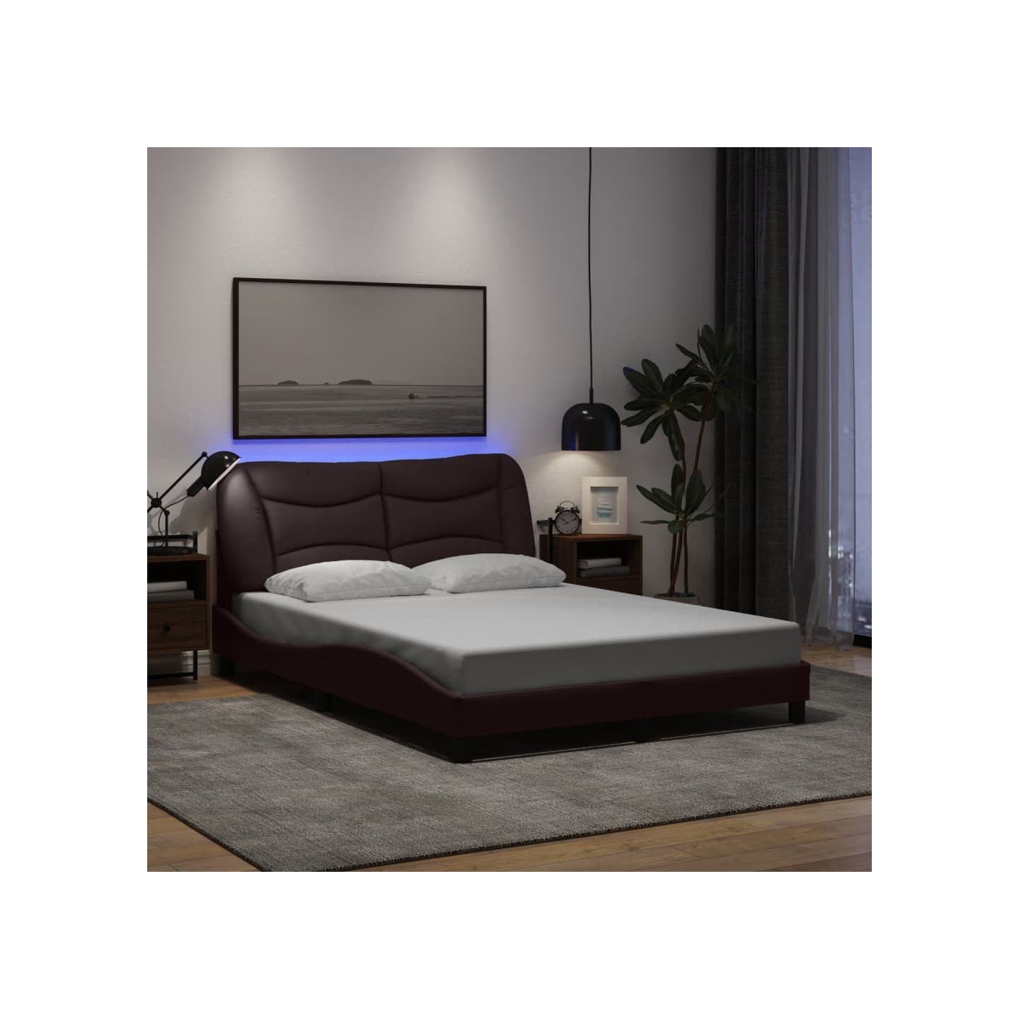 Cadre de lit avec LED sans matelas Hvar marron foncé 120x200cm tissu