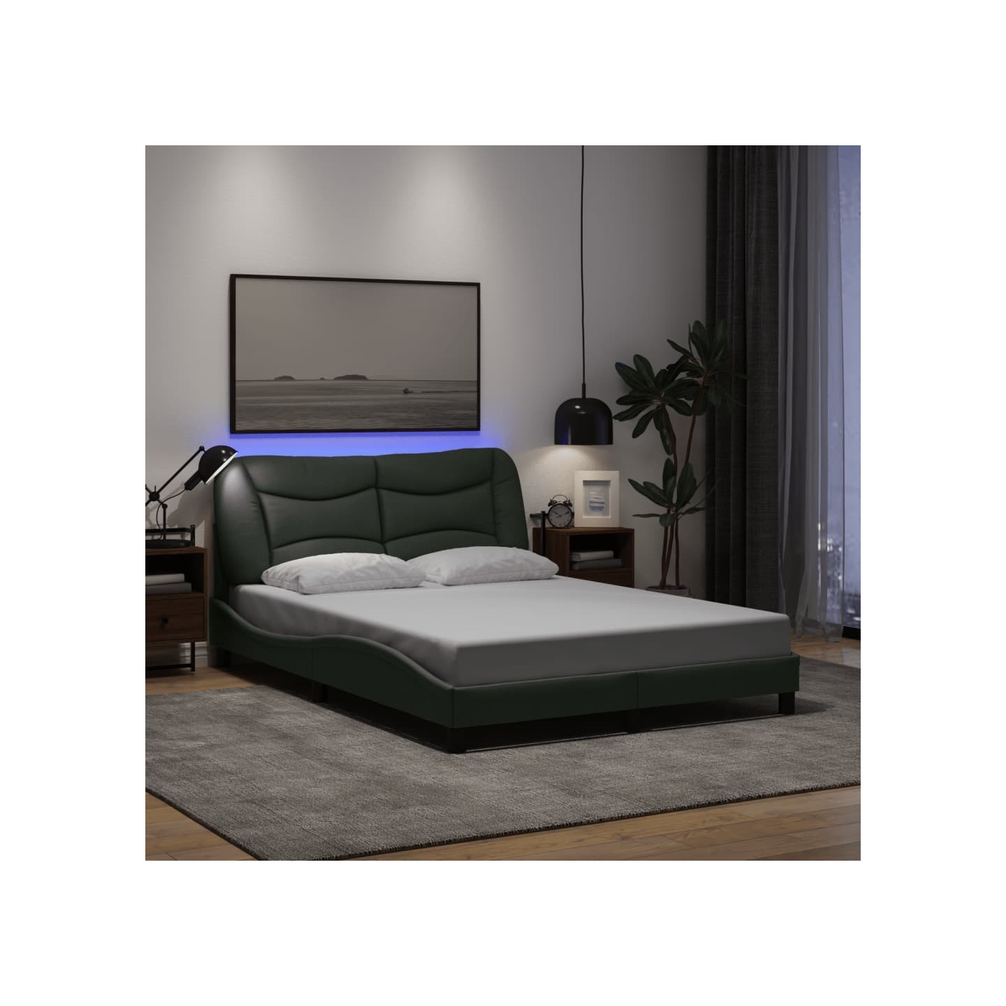 Cadre de lit avec LED sans matelas Hvar gris foncé 140x190 cm tissu