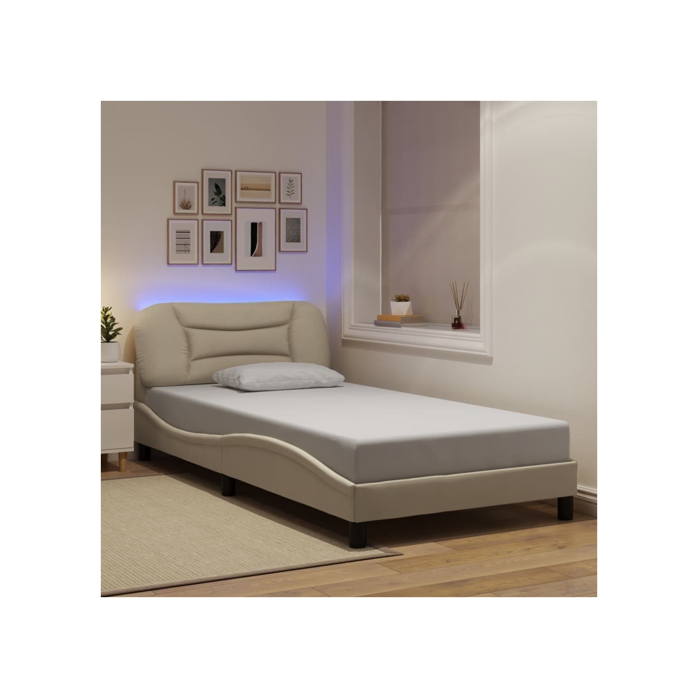 Cadre de lit avec LED sans matelas Hvar crème 100x200 cm tissu
