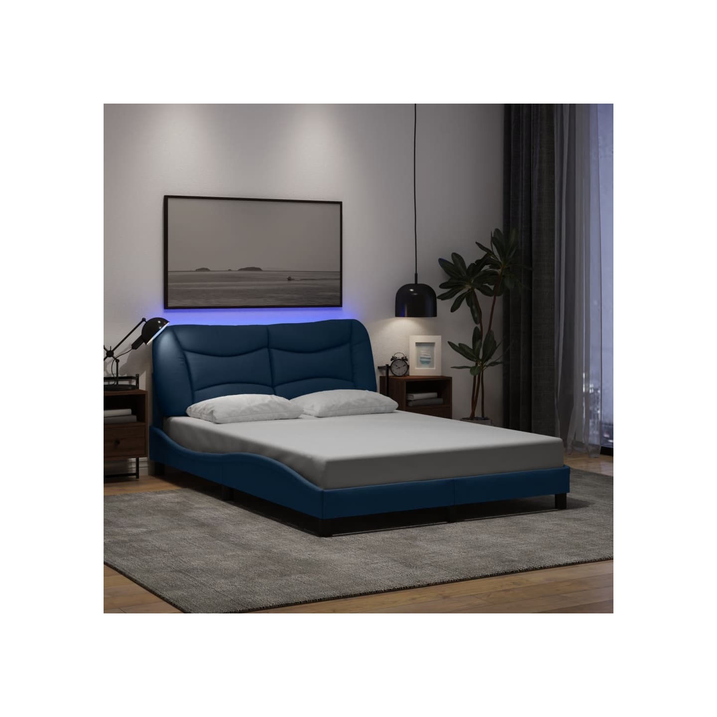 Cadre de lit avec LED sans matelas Hvar bleu 140x190 cm tissu
