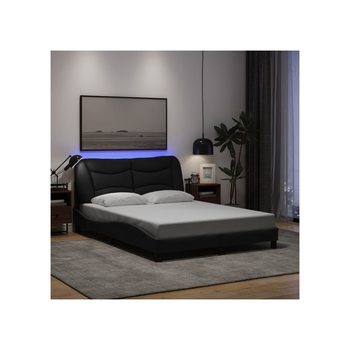 Cadre de lit avec LED sans matelas Hvar noir 140x190 cm tissu