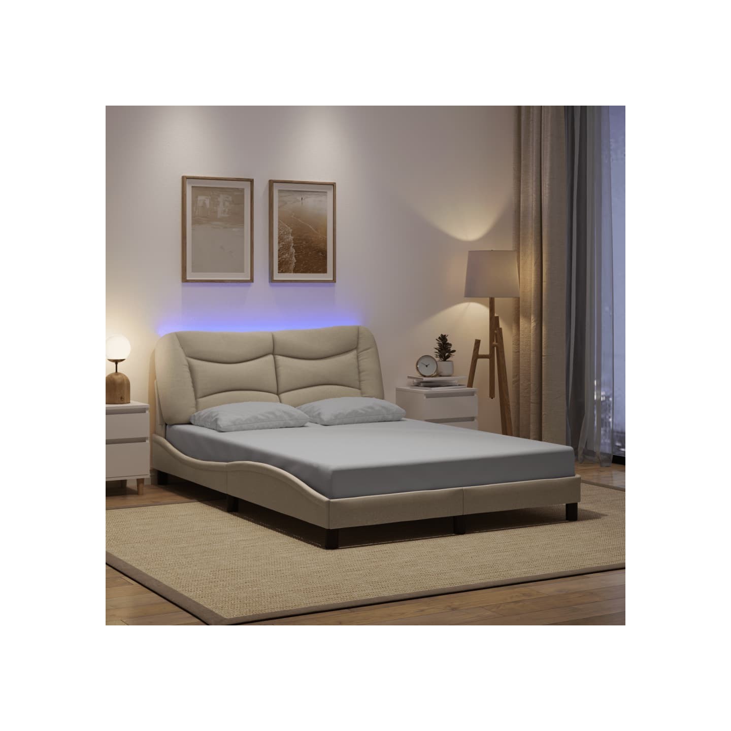 Cadre de lit avec LED sans matelas Hvar crème 140x200 cm tissu