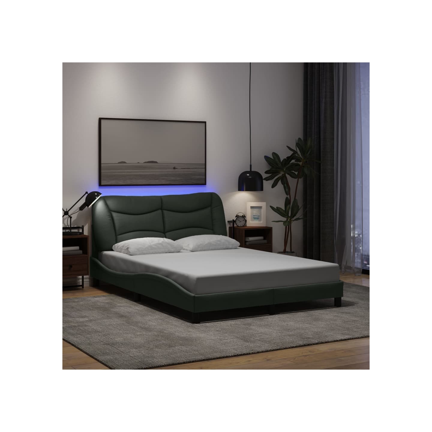 Cadre de lit avec LED sans matelas Hvar gris foncé 140x200 cm tissu